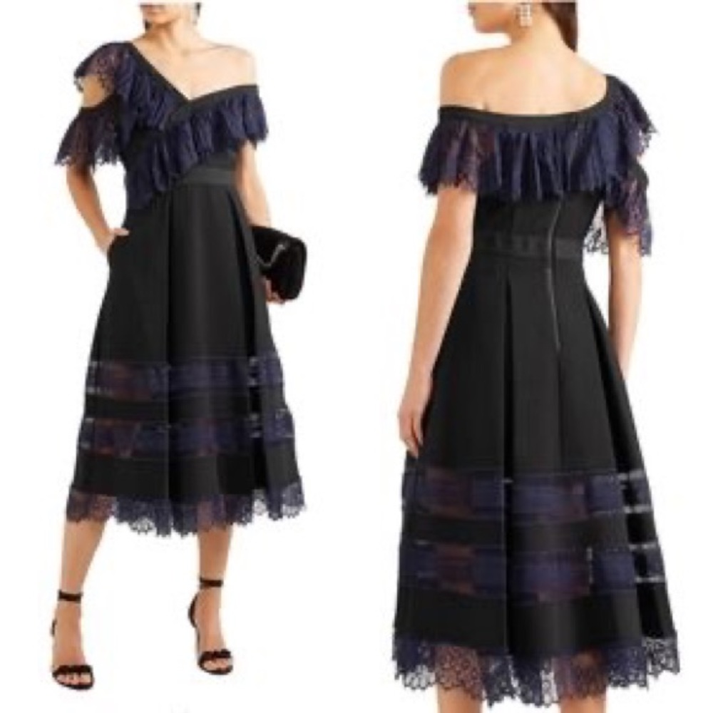 SELF-PORTRAIT One-shoulder guipure lace and crepe midi dress - Size 10